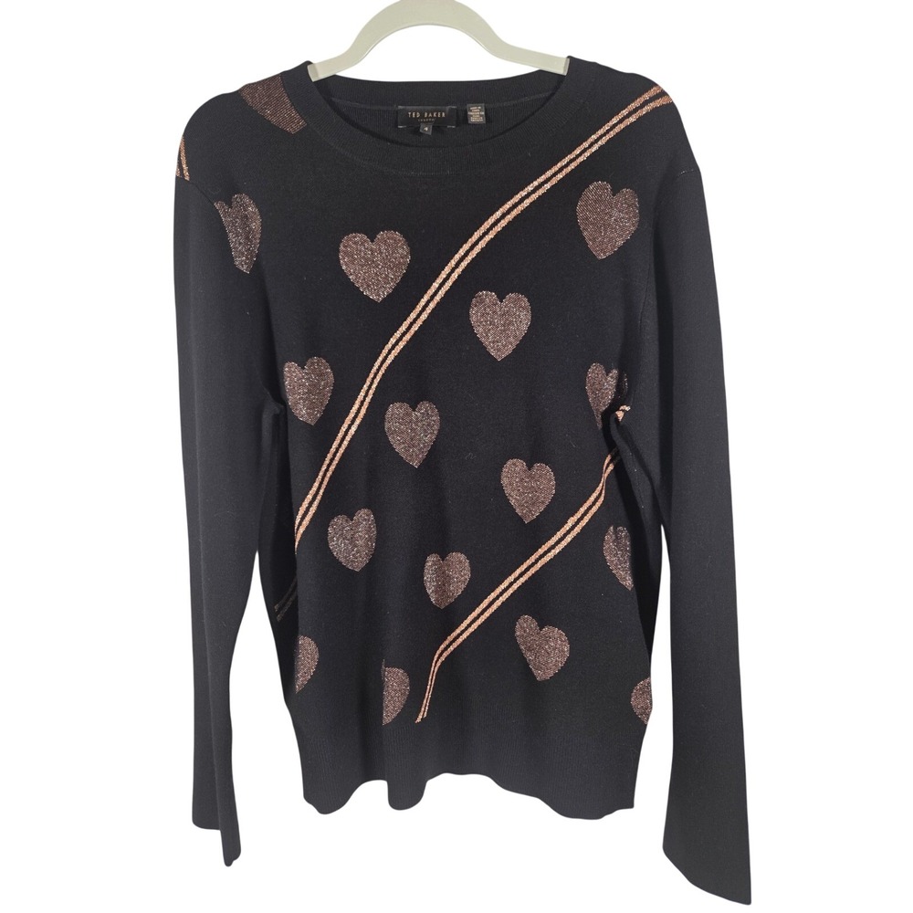 Ted Baker‎ London Black Rose Gold Metallic Novelty Heart Print Sweater Size 4
